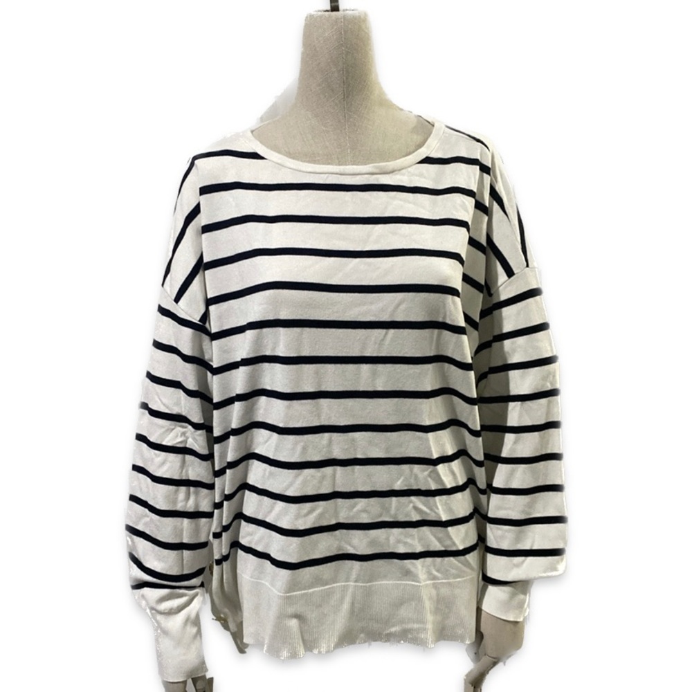 Marled Sweater Top XL Striped Nautical Lightweight Knit Gold Buttons White Navy
